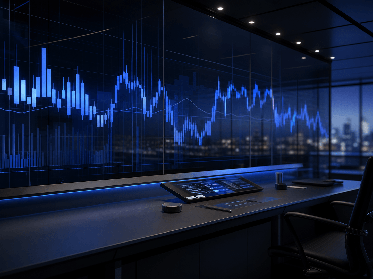 A modern share-trading desk with market charts